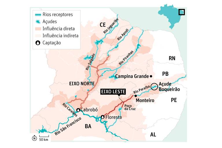 Mapa mostra etapas da transposição do rio São Francisco