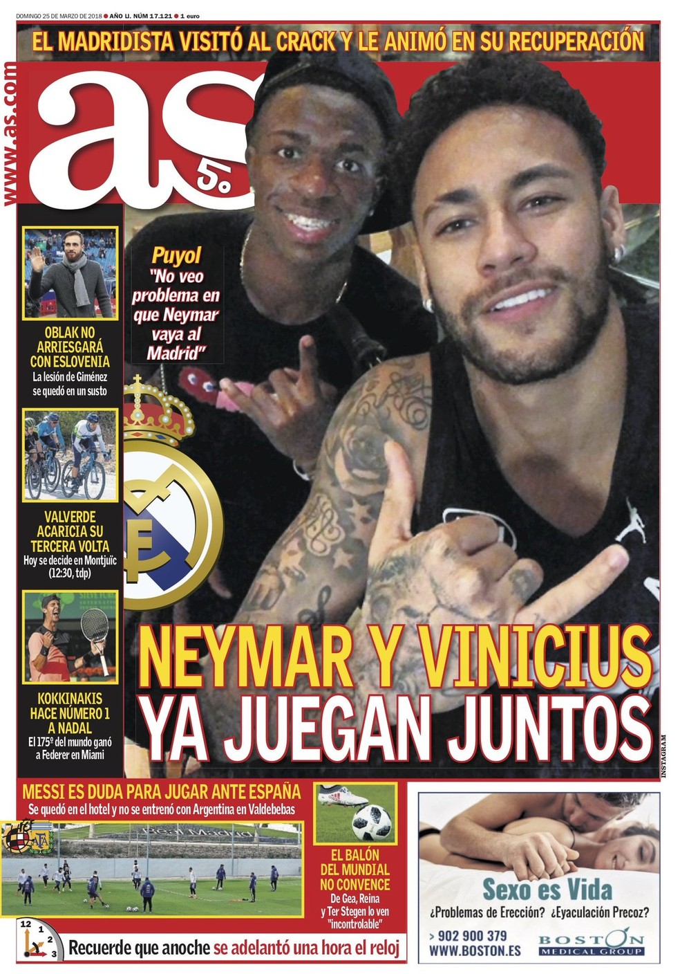 Foto de Vinicius JÃºnior e Neymar Ã© destaque na capa do "As" (Foto: ReproduÃ§Ã£o/Instagram)