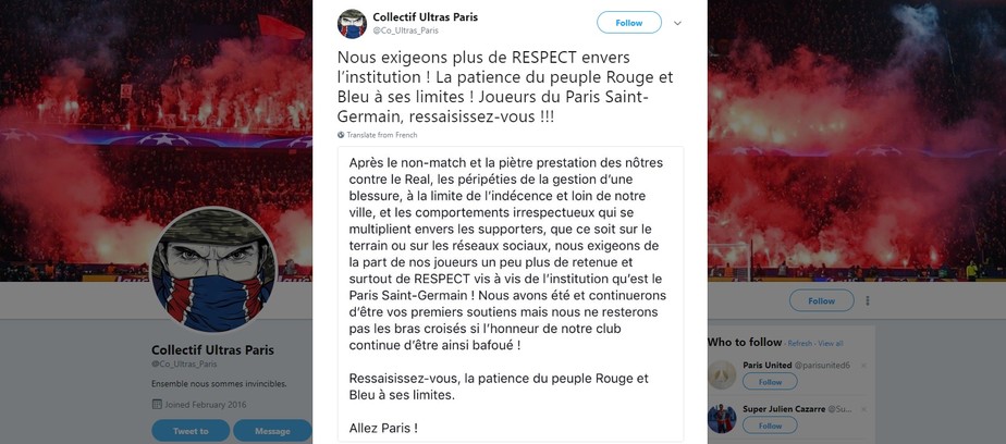 Ultras do PSG postam insatisfaÃ§Ã£o com elenco e recuperaÃ§Ã£o de Neymar